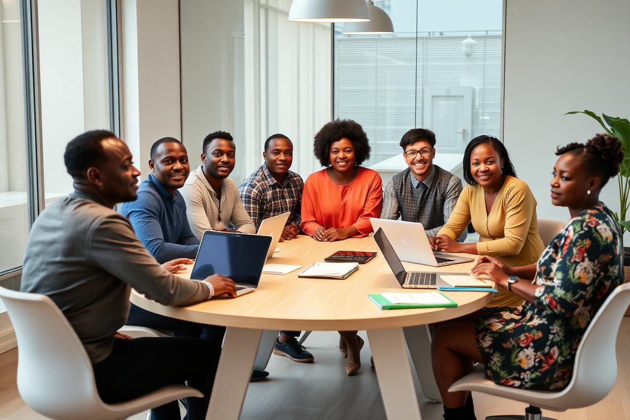 Nigerian cooperative members collaborating around a meeting table