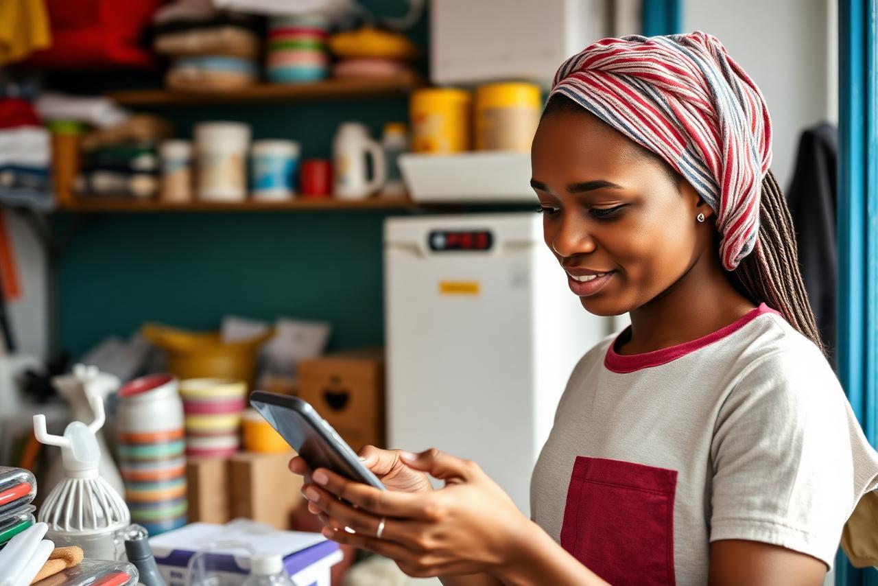 Nigerian small-business owner using a mobile payment app